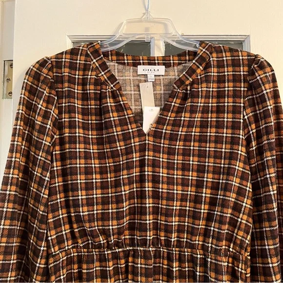 NWT Gilli Brown Plaid Long Sleeve Dress Size Large 🤎 - Picture 3 of 4